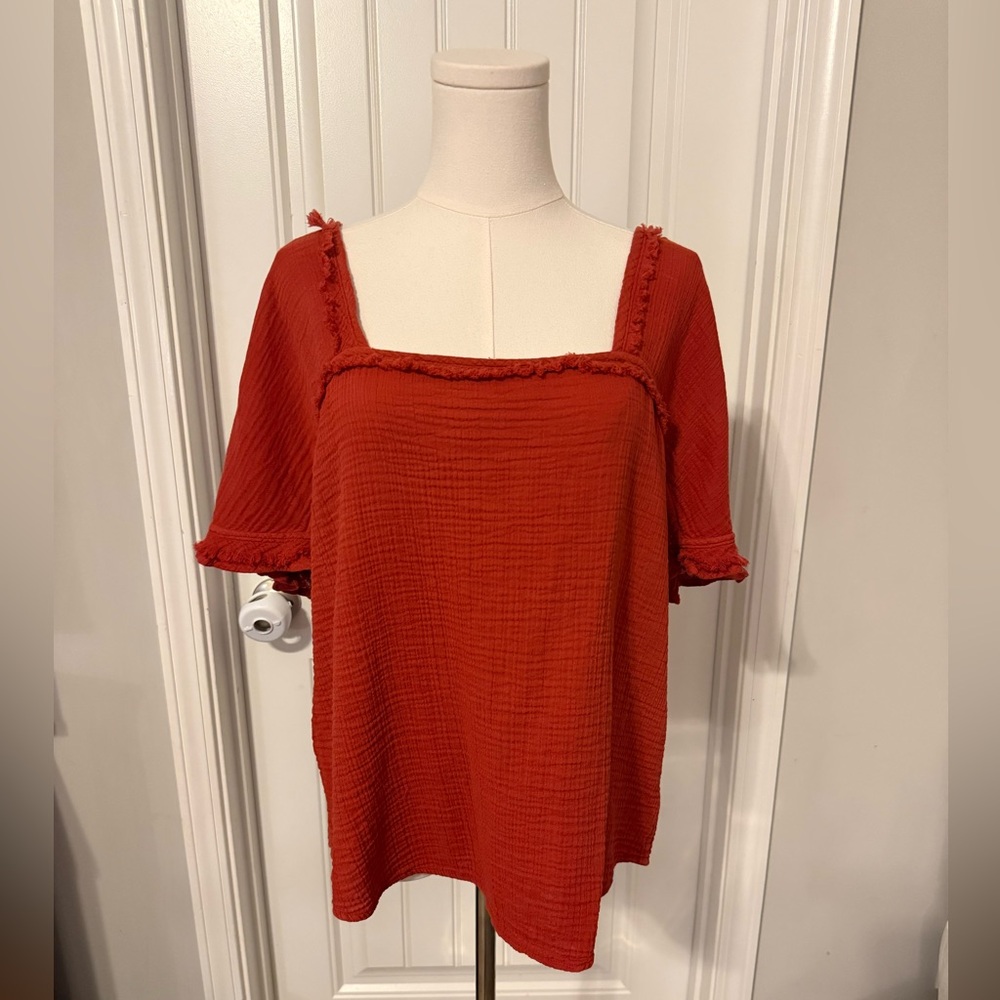 Wonderly Rust Square Neck Blouse with Fringe Details